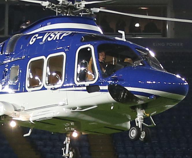  The helicopter of Leicester City owner Vichai Srivaddhanaprabha lands on the pitch at the end of the game on Saturday