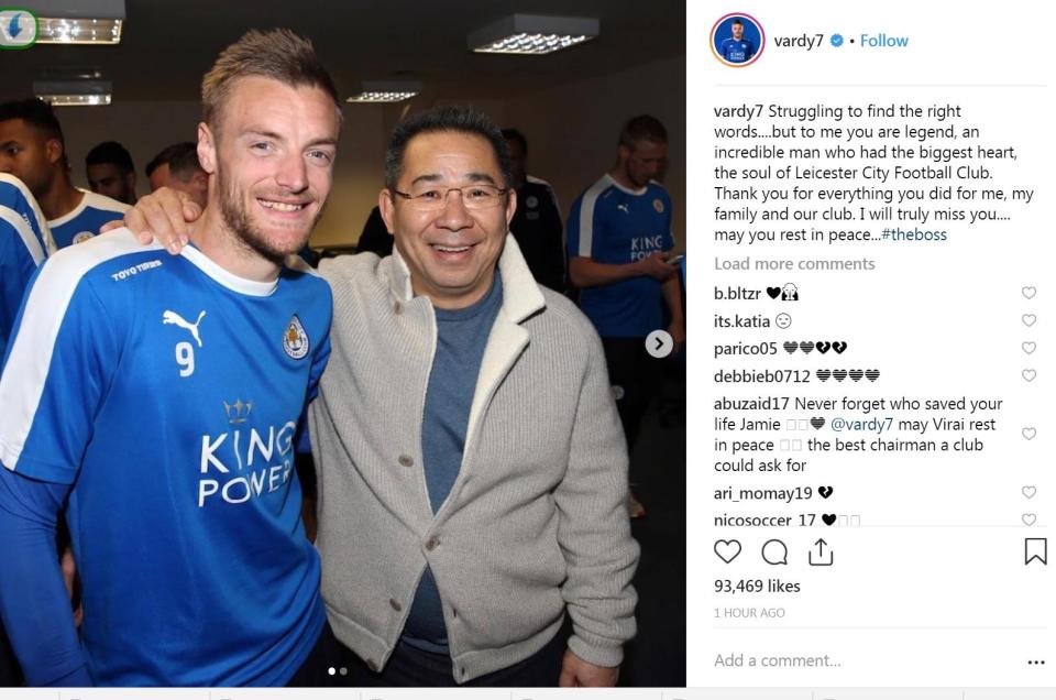  Striker Jamie Vardy hailed 'legend' Vichai Srivaddhanaprabha as he struggled to come to terms with the tragic loss