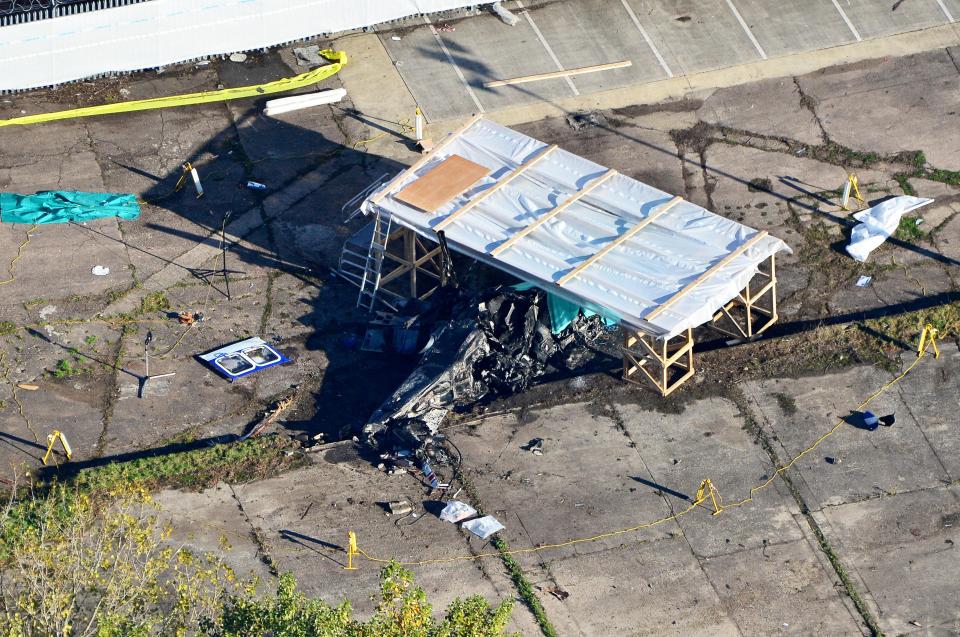  An aerial view of the wreckage of the helicopter in Leicester this morning