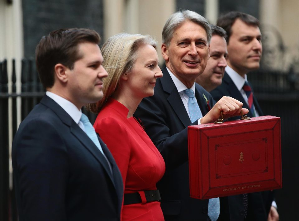  Mr Hammond posing with junior ministers Robert Jenrick, Liz Truss, Mel Stride and John Glen