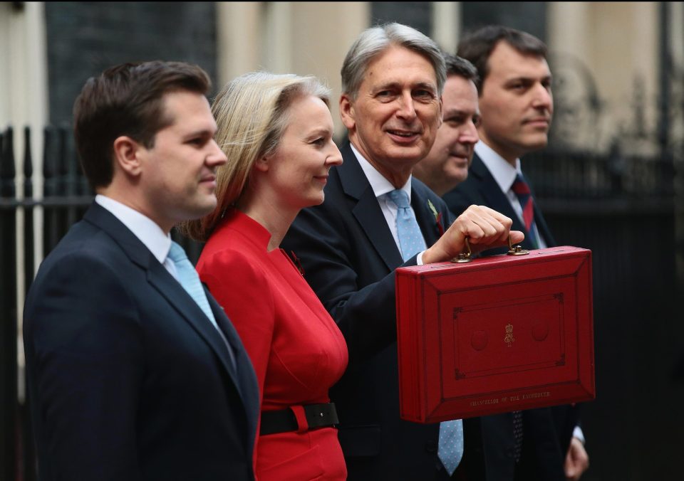  Chancellor of the Exchequer, Philip Hammond (C) presents the red Budget Box with ministers (L-R) Exchequer Secretary to the Treasury, Robert Jenrick, Chief Secretary to the Treasury, Elizabeth Truss, Financial Secretary to the Treasury, Mel Stride and Economic Secretary to the Treasury, John Glenn