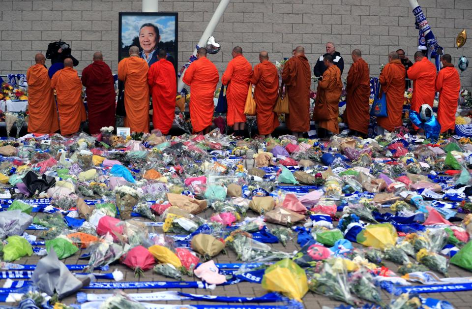 Buddhist Monks pay their respects at Leicester City Football Club yesterday afternoon