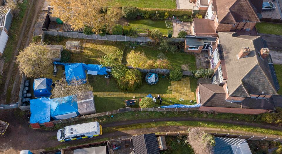 An aerial of the garden shows police had previously been searching the backgarden