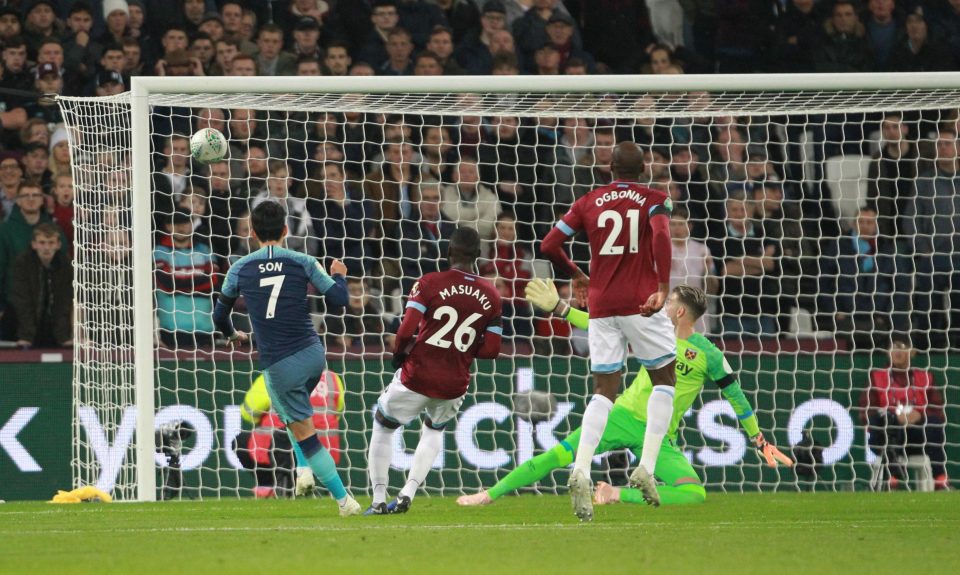  Son rifles in with his left foot in the first half at the London Stadium