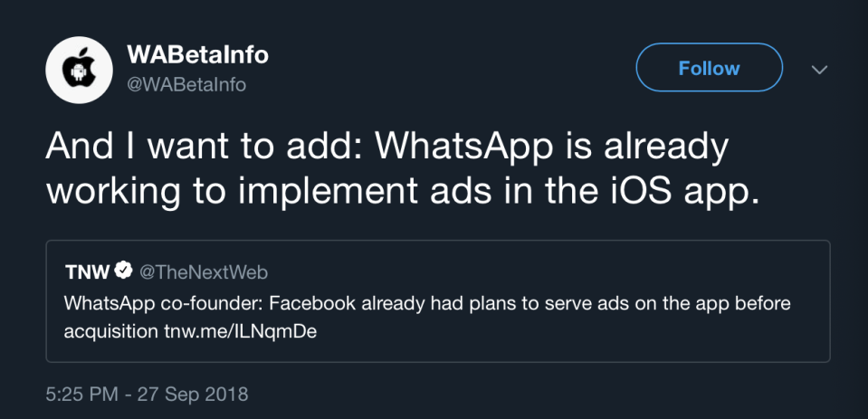  WhatsApp blog WABetaInfo revealed that the company is already developing ad tech for the iPhone app