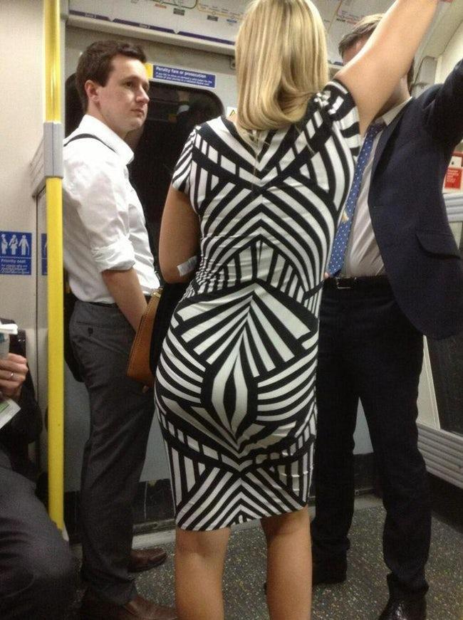  A commuter spotted the unfortunate pattern on this woman's monochrome dress