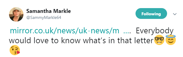 Samantha Markle wrote on Twitter that everybody would love to know what was in the letter she left for Meghan