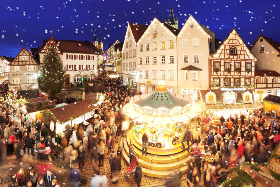 Many German Christmas markets feature magical lights, music and fairground rides for children