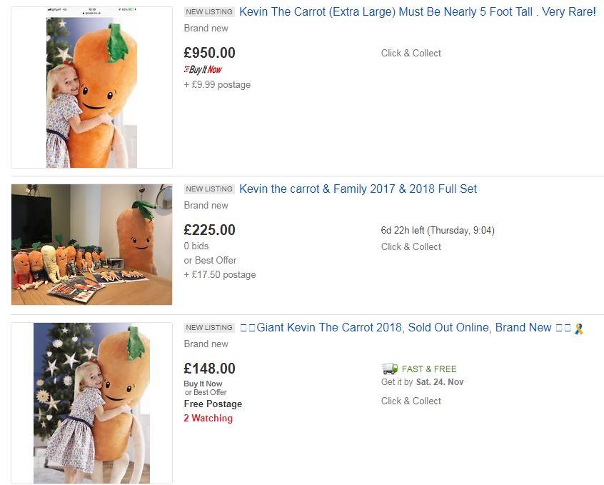 Some cheeky customers are already trying to flog the giant Kevin the Carrot dolls for up to £950 on eBay