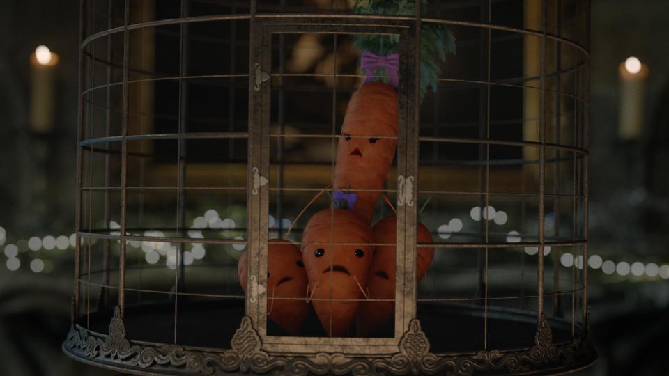 Kevin the Carrot's cute family are trapped in a birdcage in the latest festive advert