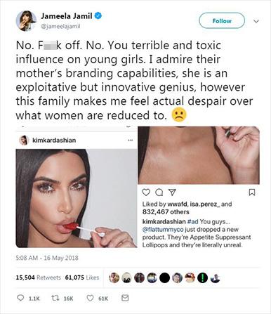  Jameela also accused Kim Kardashian of being a 'terrible and toxic influence on young girls' after she promoted appetite suppressing lollipops