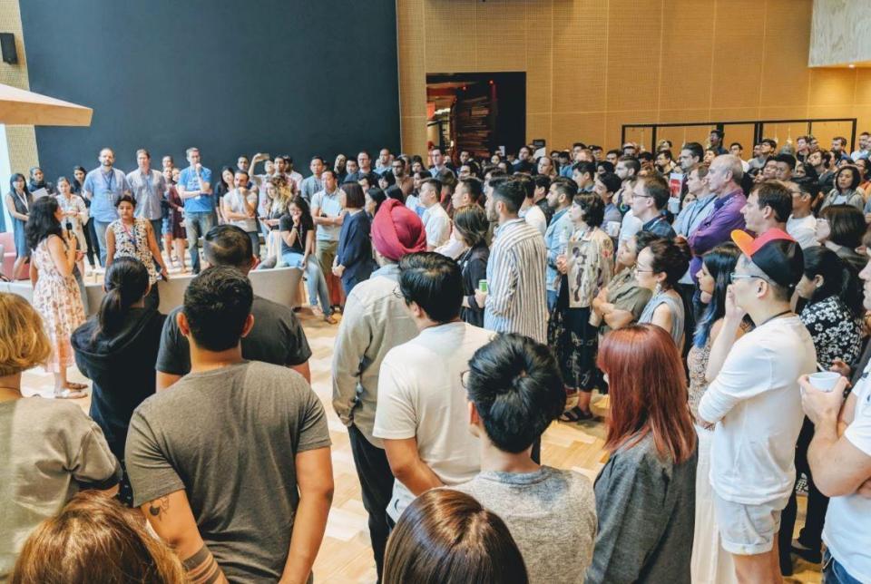  Above, Google employees walkout in Singapore. Hundreds of Googlers in Asia have already staged brief midday walkouts