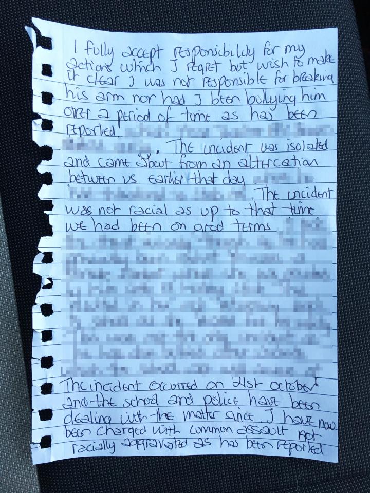  The teen gave a statement to The Sun Online in a handwritten note