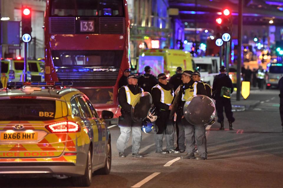  Police patrol at the cordon near London Bridge near the scene of a terror attack on June 3, 2017