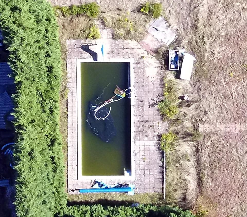 The algae-filled swimming pool at the property has not been used in months