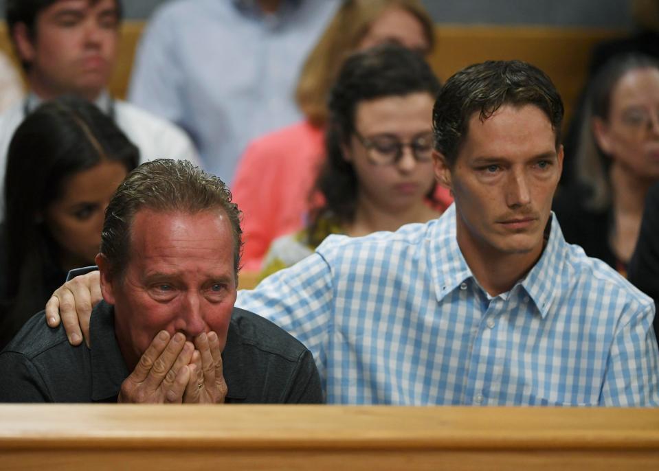  Frank Rzucek, the father of Shanann Watts, left, and her brother Frankie Rzucek in court for Christopher Watts' arraignment hearing at the Weld County Courthouse on  August 21, 2018 in Greeley, Colorado