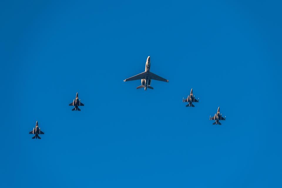  A DA-20 Electronic Warfare Aircraft and F-16 fighter jets during the Nato-led military excercise Trident Juncture