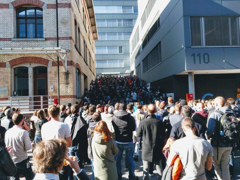  People gather next to the Google office to attend the Google Walkout in Zurich, Switzerland