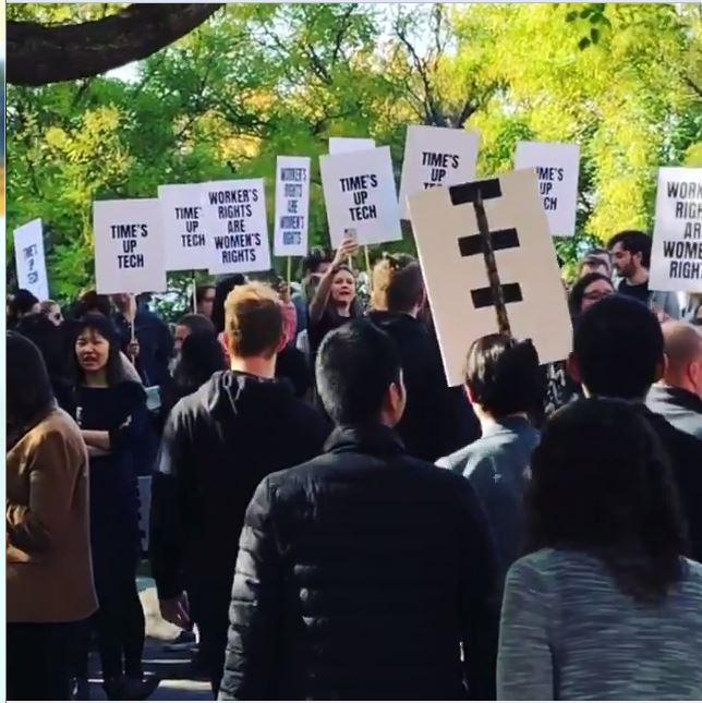  Protesters at Google's New York office this afternoon carry 'Time's Up Tech' placards