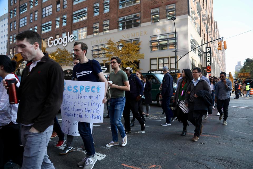  Google employees walk off the job to protest the internet company's lenient treatment of executives accused of sexual misconduct in New York. Thousands of Googlers have walked out at offices worldwide