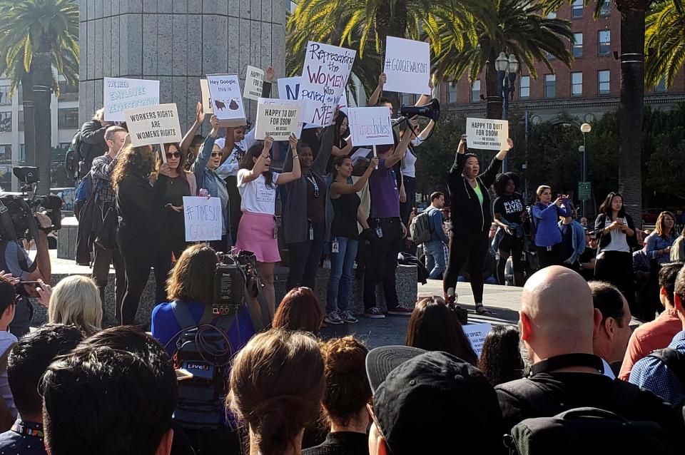  Google employees stage a "women's walkout" at their Googleplex offices