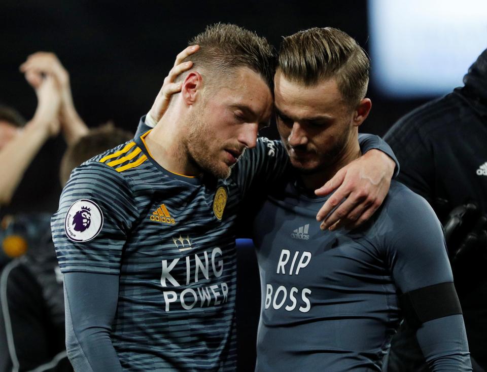  James Maddison and Jamie Vardy embrace as they honour the memory of the late Vichai Srivaddhanaprabha