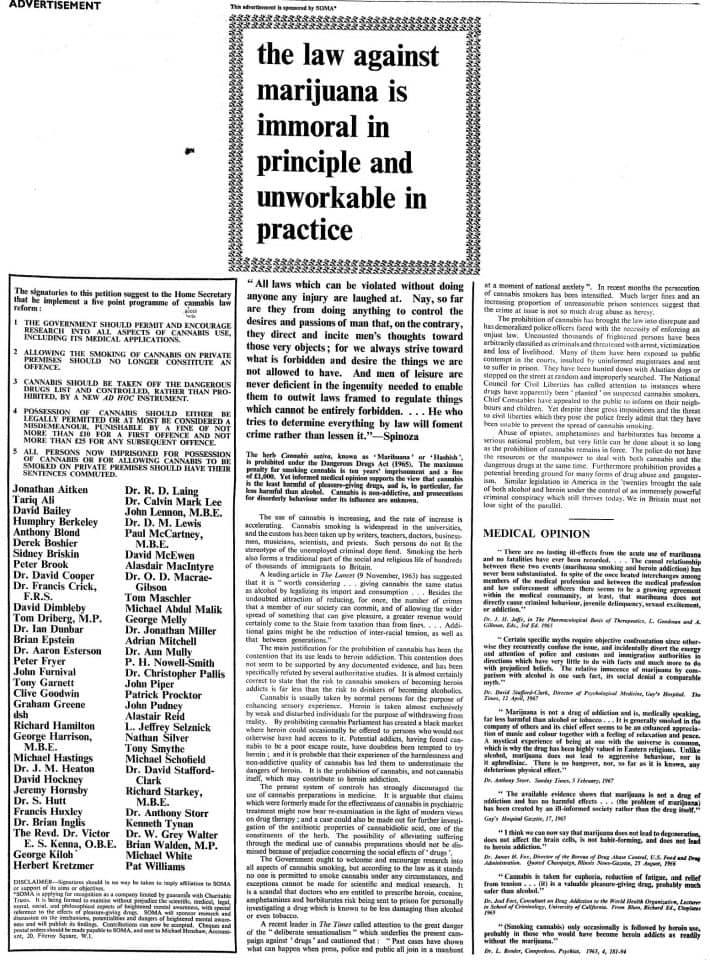  The full-page ad in The Times Macca and a host of famous hippies took out in 1967 in favour of the medical use of cannabis