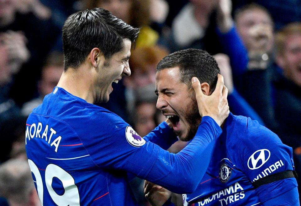 Eden Hazard, right, celebrates with Alvaro Morata after the Spaniard scored in yesterday's victory over Crystal Palace