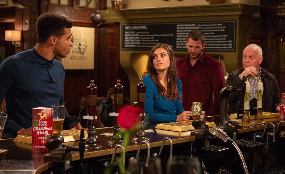 Victoria Barton (centre, played by Isobel Hodgins) continues to go off the rails on Emmerdale next week, after finding out that her estranged husband Adam has moved on with another woman