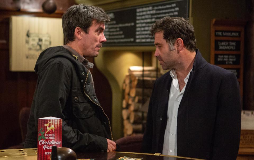  Cain Dingle (left, played by Jeff Hordley) is horrified on Emmerdale next week when Graham Foster (right, played by Andrew Scarborough) wanders into the Woolpack drunk - after going on a path of destruction due to booze