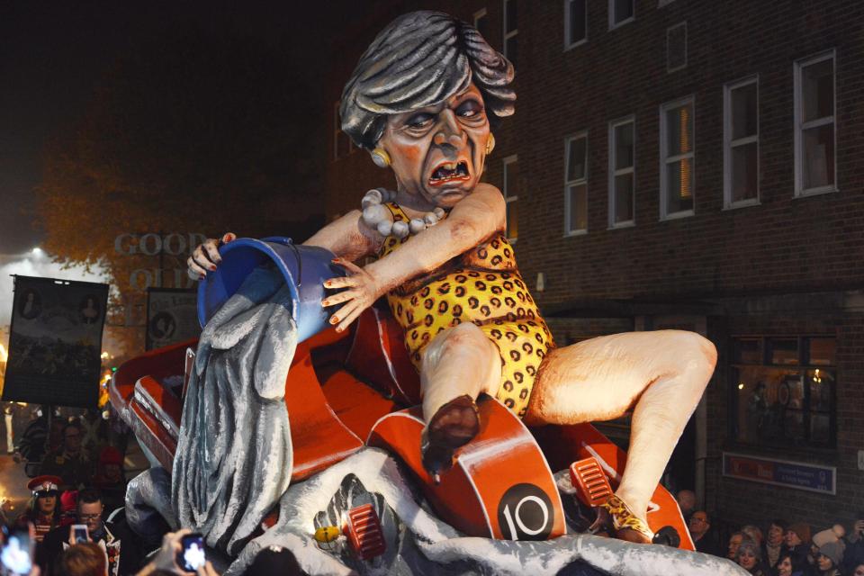  An effigy of Theresa May riding a sinking No10 was paraded through streets at a bonfire celebration