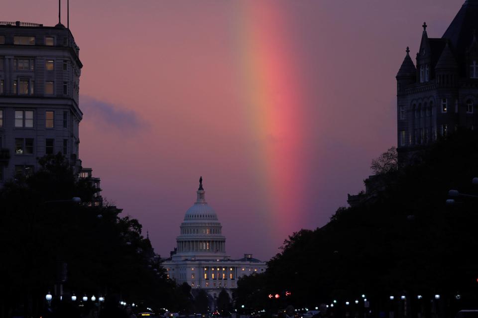  A rainbow appears over Capitol Hill as the sun sets on midterm election day in Washington