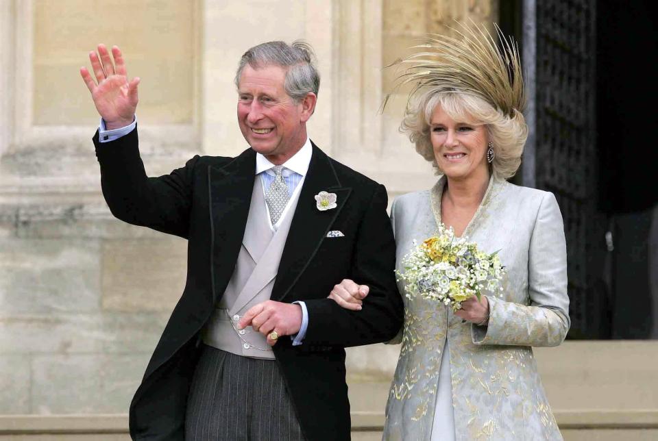  2005: The Prince of Wales leaving St George's Chapel, Windsor with the Duchess of Cornwall after a Service of Prayer and Dedication on the day of their marriage