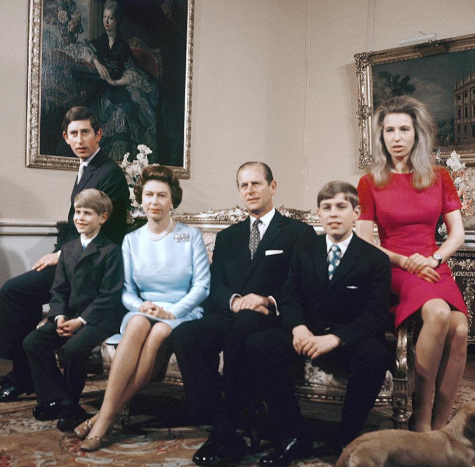  1972: Prince of Wales, Prince Edward, Queen Elizabeth II, the Duke of Edinburgh, Prince Andrew, and Princess Anne at Buckingham Palace