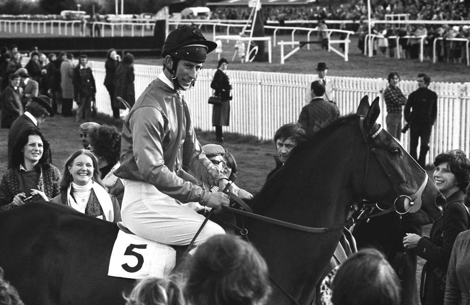  1980: Prince of Wales on his ten year old Irish chaser, Allibar, at Ludlow where he finished second in an amateur riders' steeplechase