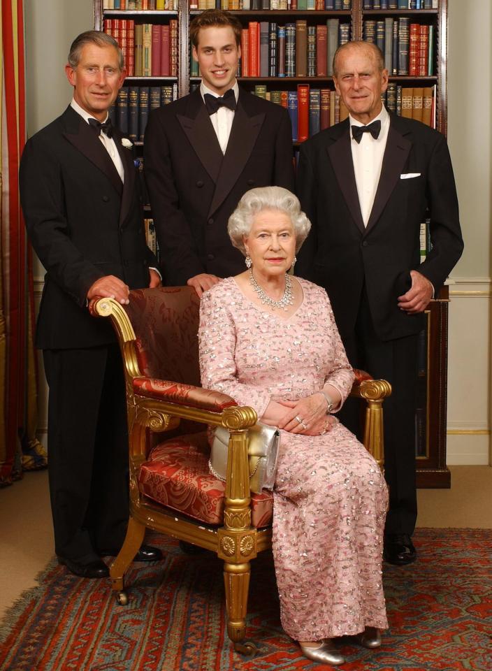  2003: Queen Elizabeth II, the Duke of Edinburgh, the Prince of Wales and Prince William at Clarence House in London before a dinner to mark the 50th anniversary of her Coronation