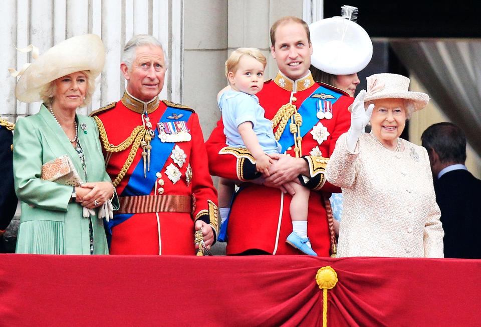  2015: The Duchess of Cornwall, the Prince of Wales, Prince George, the Duke and Duchess of Cambridge and Queen Elizabeth II on the balcony at Buckingham Palace following Trooping the Colour at Horse Guards Parade, London