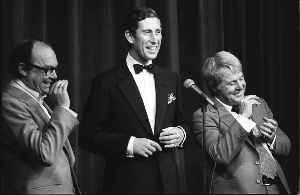  1977: On stage with comedy duo Eric Morecambe, left, and Ernie Wise, right, during their special Royal Charity Show in aid of the Queen's Jubilee Appeal