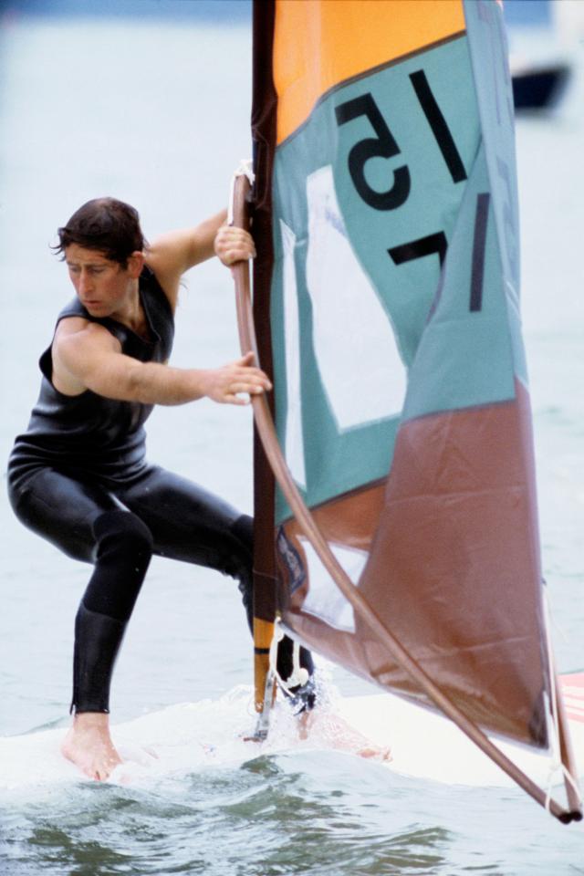  1978: The Prince of Wales wind surfing off Cowes, Isle of Wight, during Regatta Week