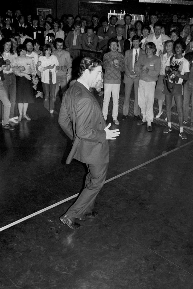  1985: The Prince trying his hand at breakdancing, to the delight of youngsters at a discotheque session at Middleton-on-Sea, during a visit to a Youth Meets Industry course for 300 unemployed, organised by the Prince's Trust