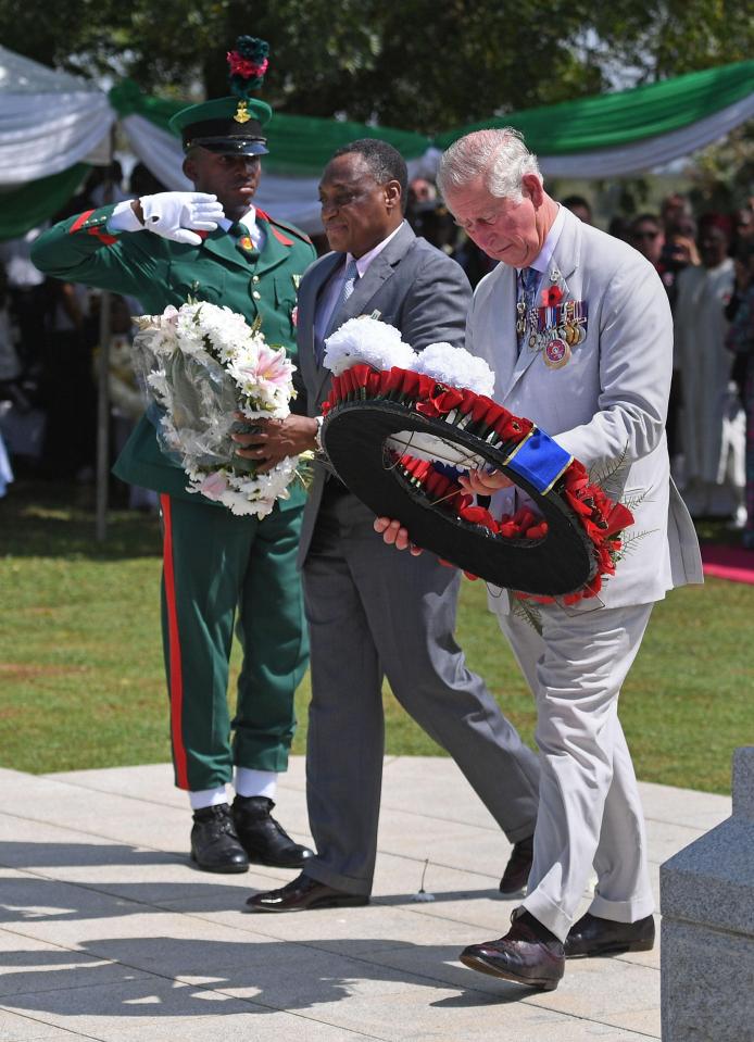  The heir to the throne lays a wreath during a service of commemoration at the Abuja Memorial, Nigerian National Military Cemetery