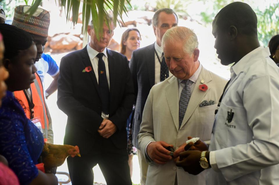  Prince Charles looks at locally breed chicken as he learns about securing rural livelihood in Abuja, Nigeria