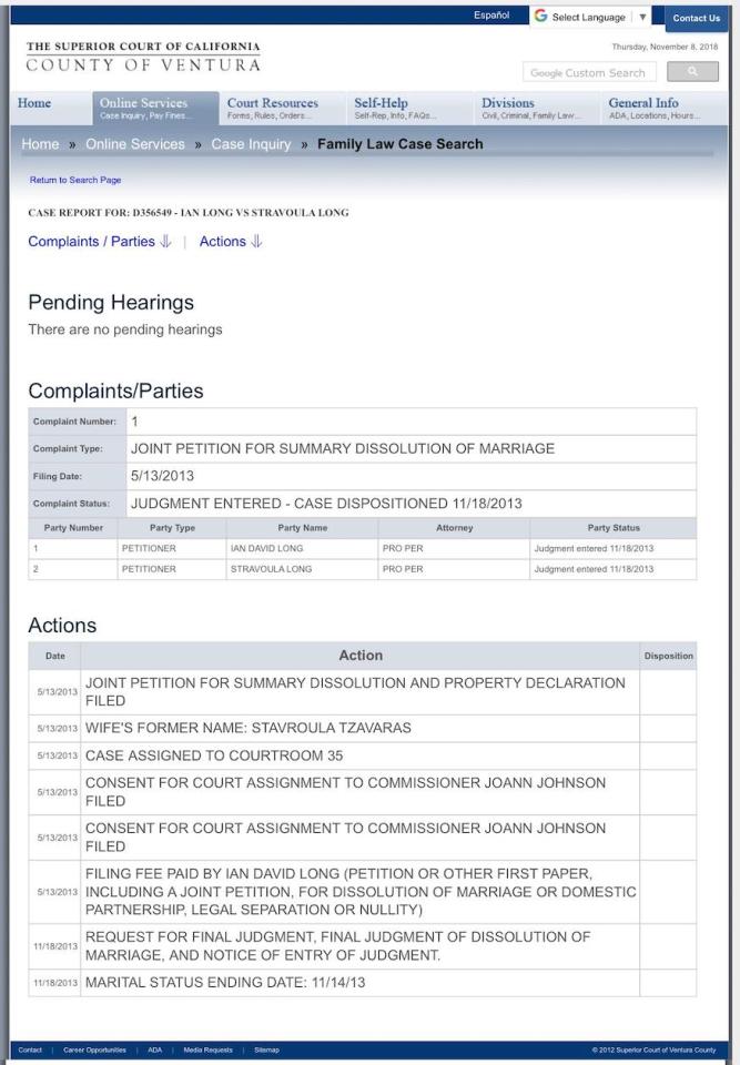  Official documents reveal Long divorced in the California county of Ventura