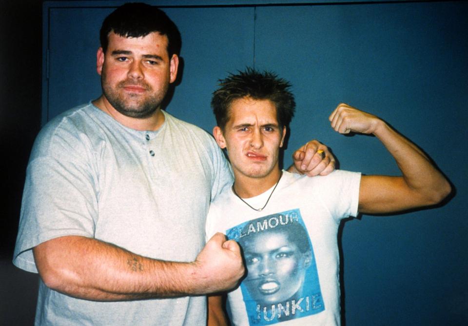  Take That's Mark Owen poses with Damien Noonan at the Hacienda Club in Manchester in the 1990s