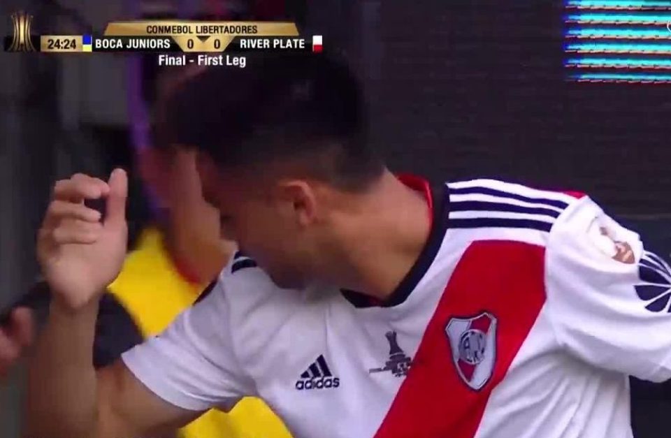 Gonzalo Martinez was trying to take a corner kick for River Plate - but that was easier said than done