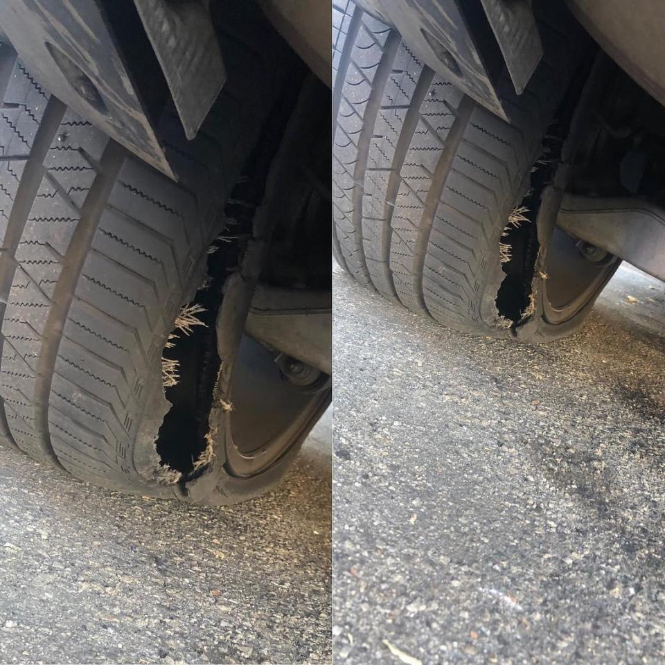  Mel B shared pics of her tyres after a 'sick person' deliberately slashed them