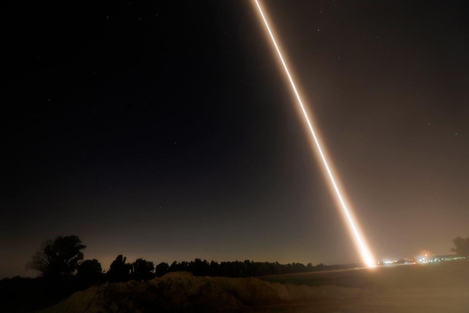  Israeli Iron Dome anti-missile systems firing a missile toward missiles fired from the Gaza Strip near the southern city of Sderot