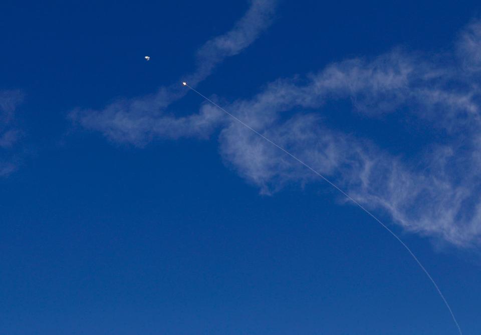  Another view of the tail of an Iron Dome anti-missile system near the border with the Gaza Strip, Israel