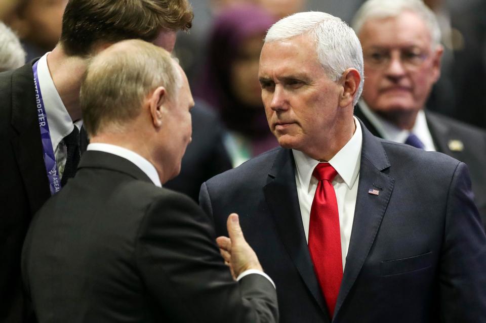  Vice President Mike Pence gave President Vladimir Putin a cold glare during their brief meet in Singapore summit