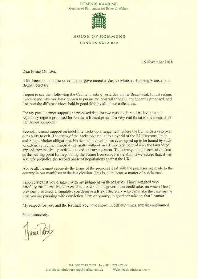  Dominic Raab's resignation letter which he sent to Theresa May today